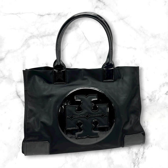 Tory Burch Black Nylon Patent Leather Logo Extra Large Handbag Ella Tote Bag - Picture 1 of 15